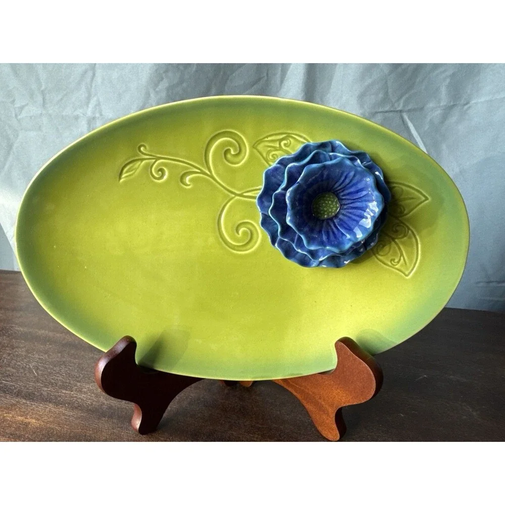 Grasslands Road Petals Ceramic Green Appetizer Plate Tray 3D Blue Flower